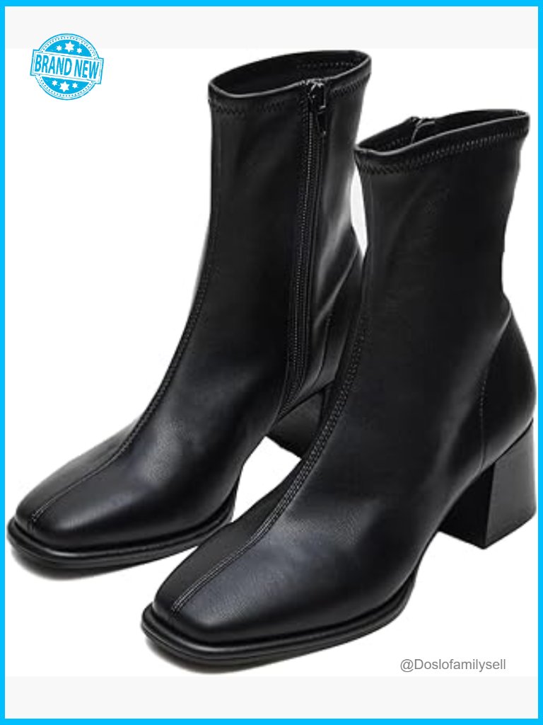 Square Toe Ankle Boots Block Heel Chunky Booties Side Zipper Faux Leather